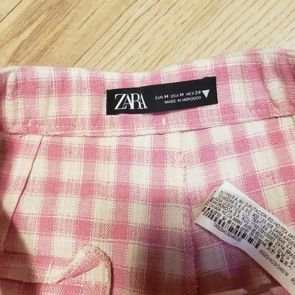 Zara Pink Plaid Checkered Gingham Wide Leg Pant Cotton Blend High Waist Med - Picture 3 of 5